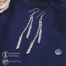 Hanging earrings with Princess rhinestones double, white color in silver, 9cm