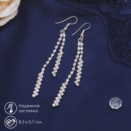 Hanging earrings with Princess rhinestones double, white color in silver, 9cm