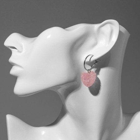 Earrings plastic "Sugar" heart, pink color in silver-1