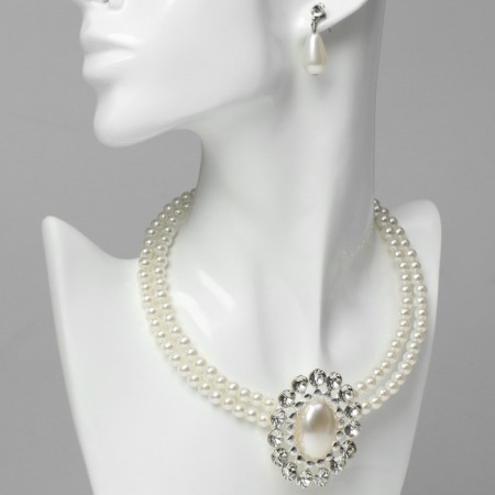 Set 2 objects: earrings, lady's necklace dazzling, white color in silver, 45 cm