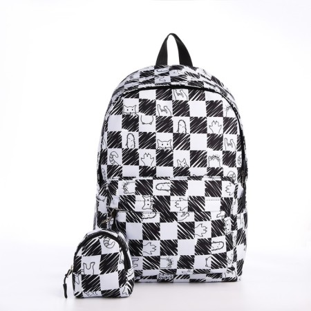 School backpack from textiles with a zipper, 4 pockets, black/white color-4