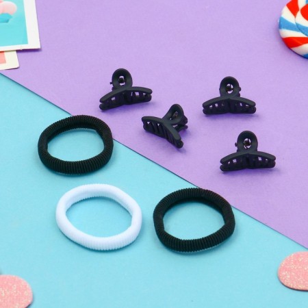Hair set "Galey" (3 elastic bands 5 cm, 4 crab 2.5 cm) loop, black and white-1