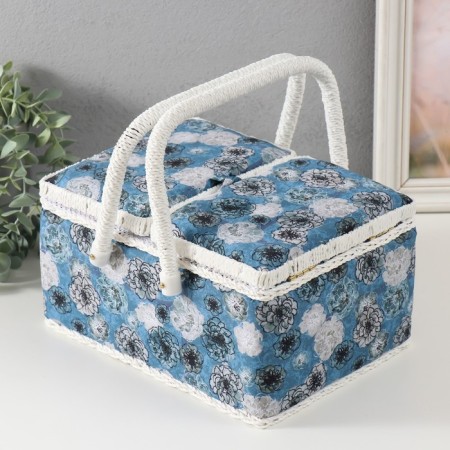 Casket for needlework "Black and white flowers on blue" 19x26x14.5 cm-5