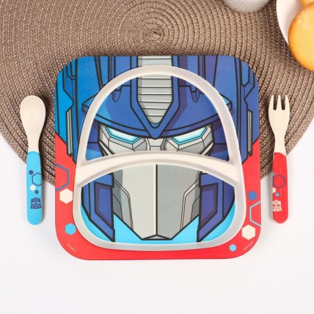 A set of children's bamboo dishes, 4 objects: plate, fork, spoon, glass, transformers-4