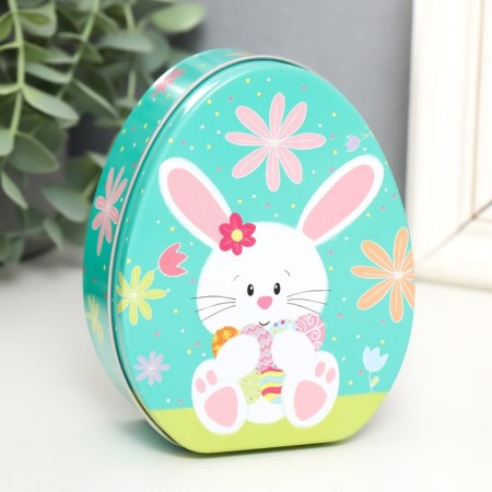 Casket Metal Egg "Bunny with an armful of painted eggs" 11.7x9.2x4.5 cm
