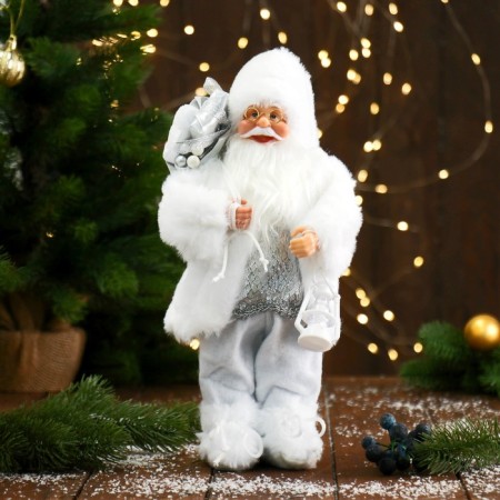 Santa Claus "in a white fur coat, with a flashlight and gifts" 30 cm