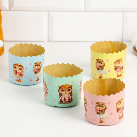 Paper form for cupcake, muffins and kulich "owls" 70x60 mm, mix-2