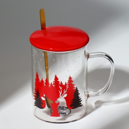 Glass mug with a spoon and lid "Winter Forest", 470 ml-2