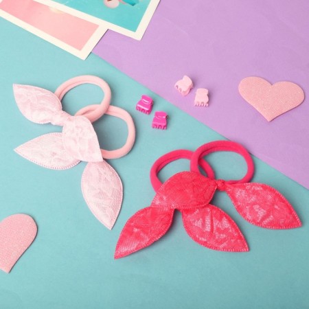 Hair set "Milena" (4 crab, 4 elastic bands) lace ears, pink-1