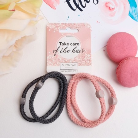 Hair elastic band "braid" (set 4 pcs) pink gray