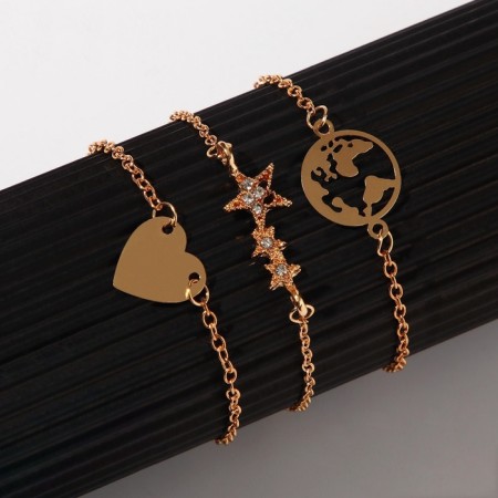 Set 3 bracelet "Style" star, earth, heart, white color in gold, 19 cm-2