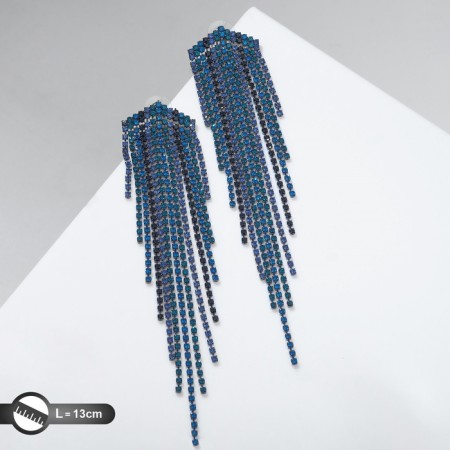 Hanging earrings with rhinestones "Waterfall" City, Blue color in gray metal, 13 cm