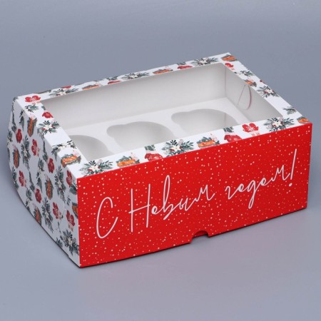 Folding box for 6 cupcakes with the Hugge window, 25 x 17 x 10 cm, New Year
