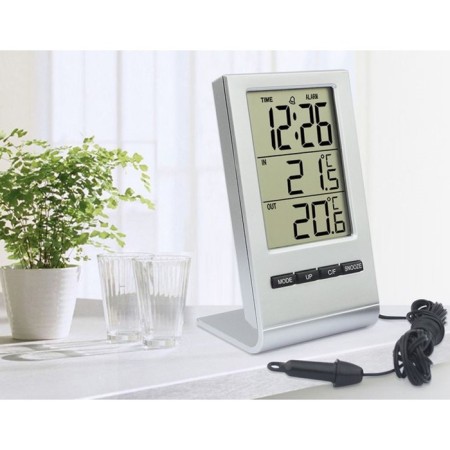 Clock - Electronic desktop an alarm clock with a weather station, 5.7 x 10.6 cm, 2 AG10-1