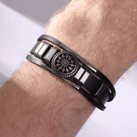 Male "compass" bracelet, black color with black silver, 20.5 cm-1