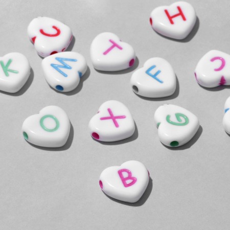 Acrylic bead "English letters" mix, heart 12 × 12 mm, set 10 g, color mix-1