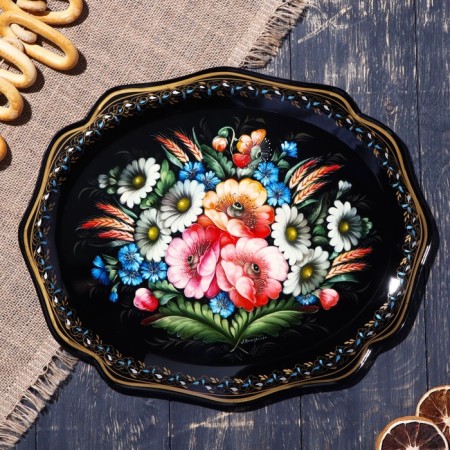 Zhostovsky tray "flowers", blue, with author’s painting, 38x31 cm