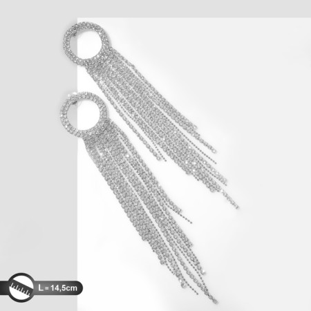 Hanging earrings with rhinestones "Waterfall" circuit circuit, white color in silver, 14.5 cm