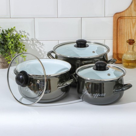 Set of pots "metallic", 3 subjects: 2.1 l, 3.1 l, 4 l, covers, induction, black color-1