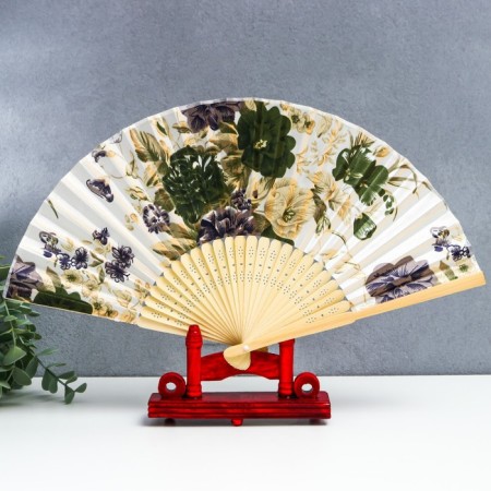 Fan bamboo, textile h = 21 cm "flowers" with a cover, beige-1