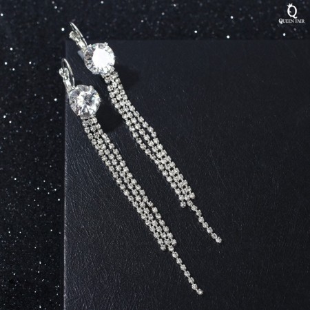 Hanging earrings with “Evening” large crystal, 3 lines, white color in silver, 9 cm-1