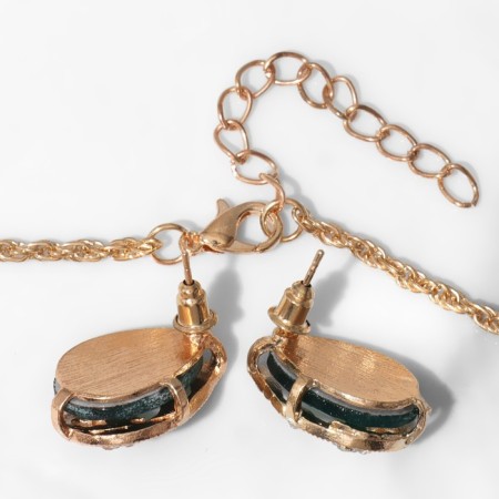 Set 3 objects: earrings, pendant, ring "drops", white-green color in gold, 45cm-1