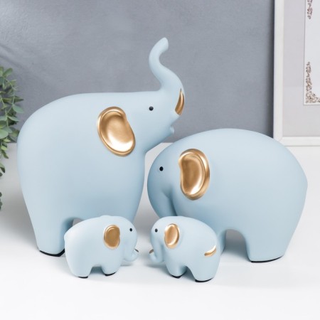 Souvenir Ceramics "Four Elephants" Blue Set 4 pcs 7.5x9.5 17x21 27x22.5 cm