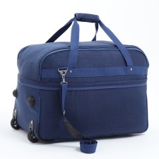 Road bag on wheels, a lightning department, with an increase, 2 outer pockets, a long belt, blue color