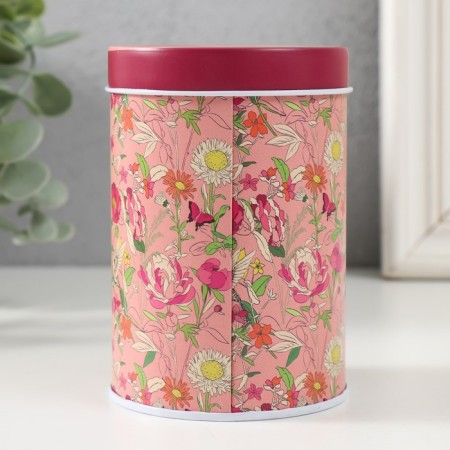 Casket Metal cylinder "Flowers on pink" 7.5x7.5x11 cm-2