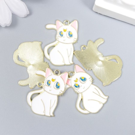 Decor for creativity metal, enamel "cat with a month" white 2.1x3 cm-2