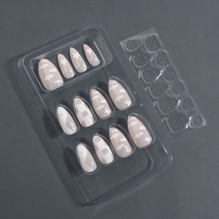Nude overhead nails, 12 pcs, with adhesive plates, almond shape, beige/white color
