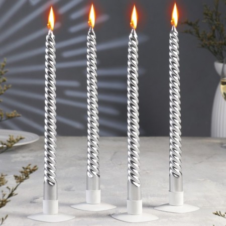 A set of candles of twisted, 2.2x 30 cm, 4 pieces, silver metallic