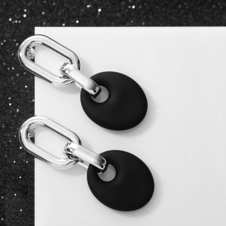 Earrings Metal "Chain" disk, 3 links, silver-black color-2