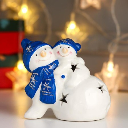 Souvenir Ceramics Light "Snowmen, blue caps and scarves" 10x12x8 cm