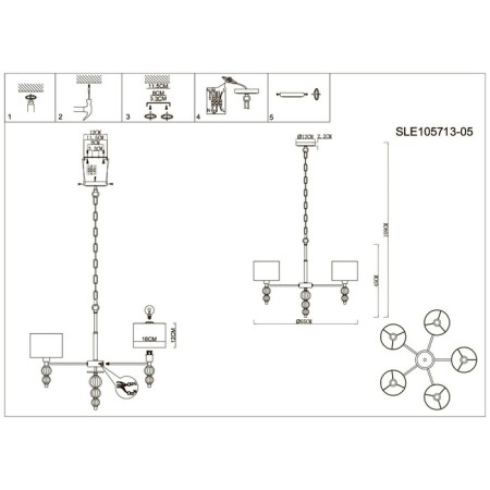 Suspended EVOLUCE lamp. Sle105713-05. Ramer. 5x40 watts, E14, 65x65x45 cm, brass color, transparent-5