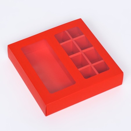 Box under 8 sweets + chocolate, with a window, scarlet, 17.7 x 17.7 x 3.8 cm-1