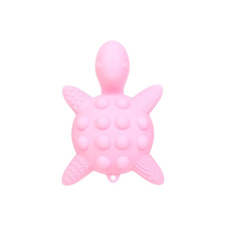 Silicone teether for teeth with a rattle of “turtle”, pink color, crumb I-6