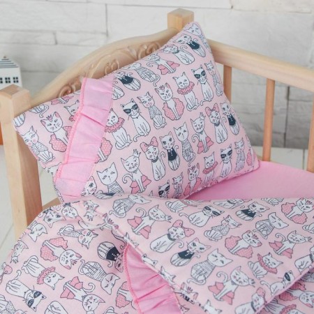 Bed linen for dolls "kittens on pink", sheet, blanket, pillow-1