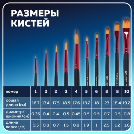 System of synthetics 10 pieces, Brauberg Premium, round No. 1, 2, 3, 5, 8; Flat No. 2, 4, 6, 8, 10-20