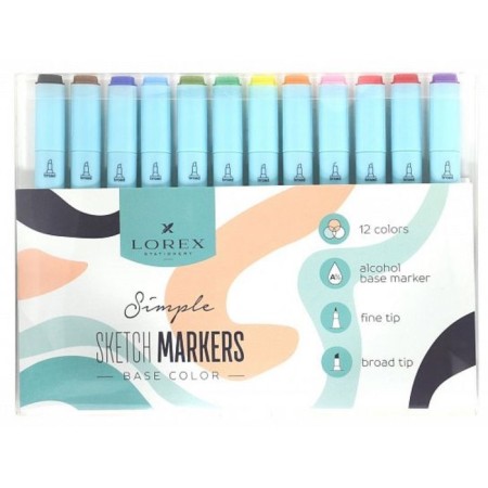 A set of art markers 12 colors Lorex "Simple Base", bilateral, tip: bullet (2.0 mm) and beveled (6.0 mm), alcohol-7