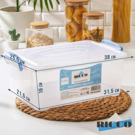 Food container Ricco, 9.75 l, 37.5 × 25 × 14 cm, rectangular, transparent color, blue