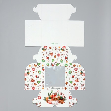 Folding box for 4 cupcakes with the window “Happy New Year!”, Sweets, 16 x 16 x 10 cm, New Year-7