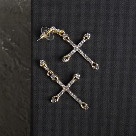 Earrings with rhinestones “crosses” inserts, white color in gold-2