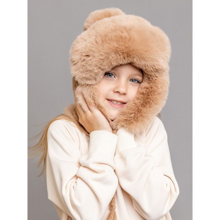 Children's knitted hat with fur, size 52, beige color-5