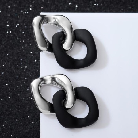 Earrings Metal "Chain" diagonal, 2 hollow rhombus, silver-black color-1