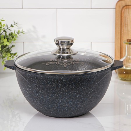 Kazan "Granite Star", 4 l, glass cover, cast handles, anti -stick coating, black color