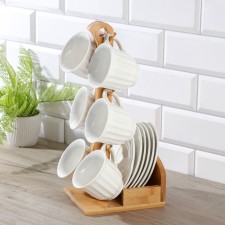 Tea ceramic tea on a wooden stand “Estet”, 12 objects: 6 cups d = 8.6 cm 200 ml, 6 Smarks 14.5 × 10.6 cm, white color