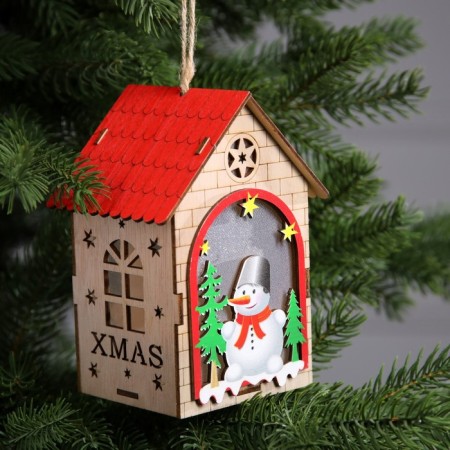 Christmas tree toy "House with a snowman", from batteries, a glow of warm white-1