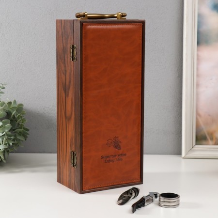 Casket wood, leatherette to the bottle "Grapes" light brown 3 objects 35x11x15.5 cm-8