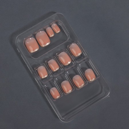 Nude overhead nails, 12 pcs, with adhesive plates, with sparkles, shape is a soft square, the color is light - beige-2